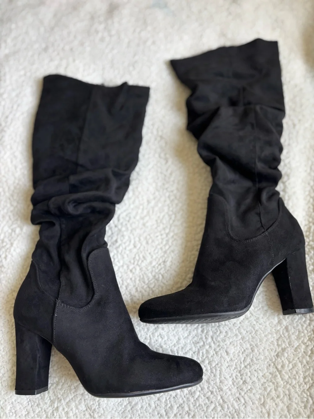 Over-the-Knee Suede Black Boots with Stacked Heel